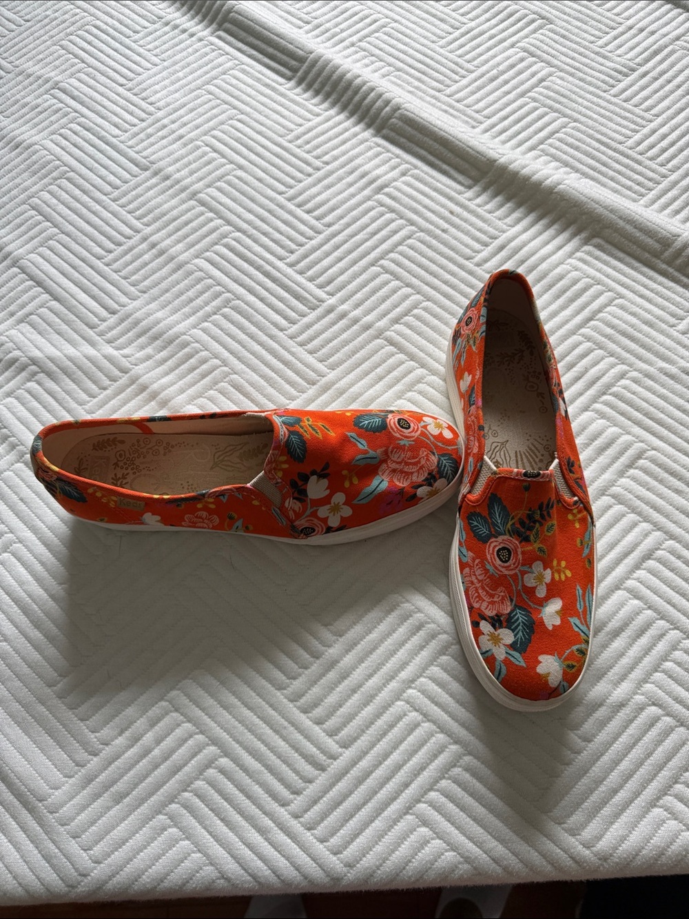 Keds Orange Floral Slip-On Moccasins with Blue and White Accents